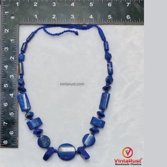 Natural Lapis Lazuli Beaded Necklace Handmade Tribal Style Blue Gemstone Jewelry - Picture 6 of 7